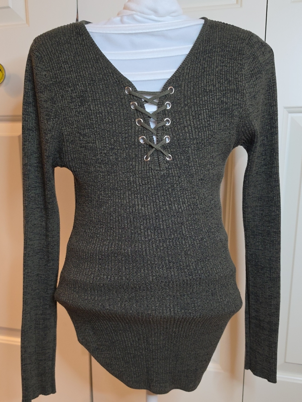 No Boundaries Olive Green Ribbed Lace-Up Long Sleeve Top
